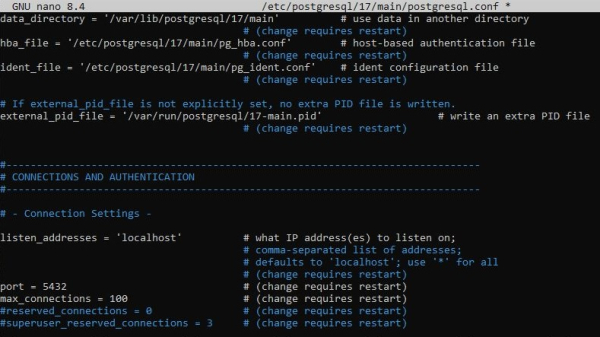Раскомментируем listen_addresses = 'localhost'