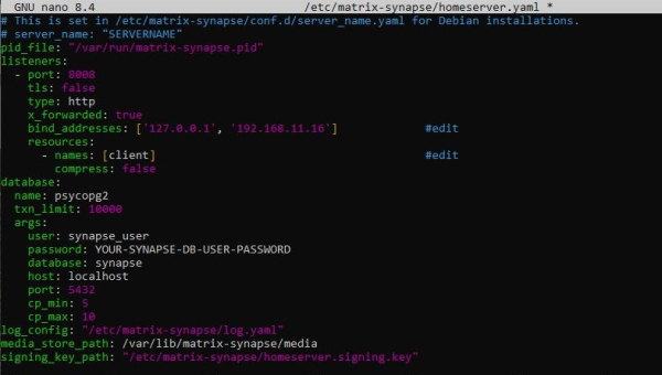 Изменение блока database в homeserver.yaml